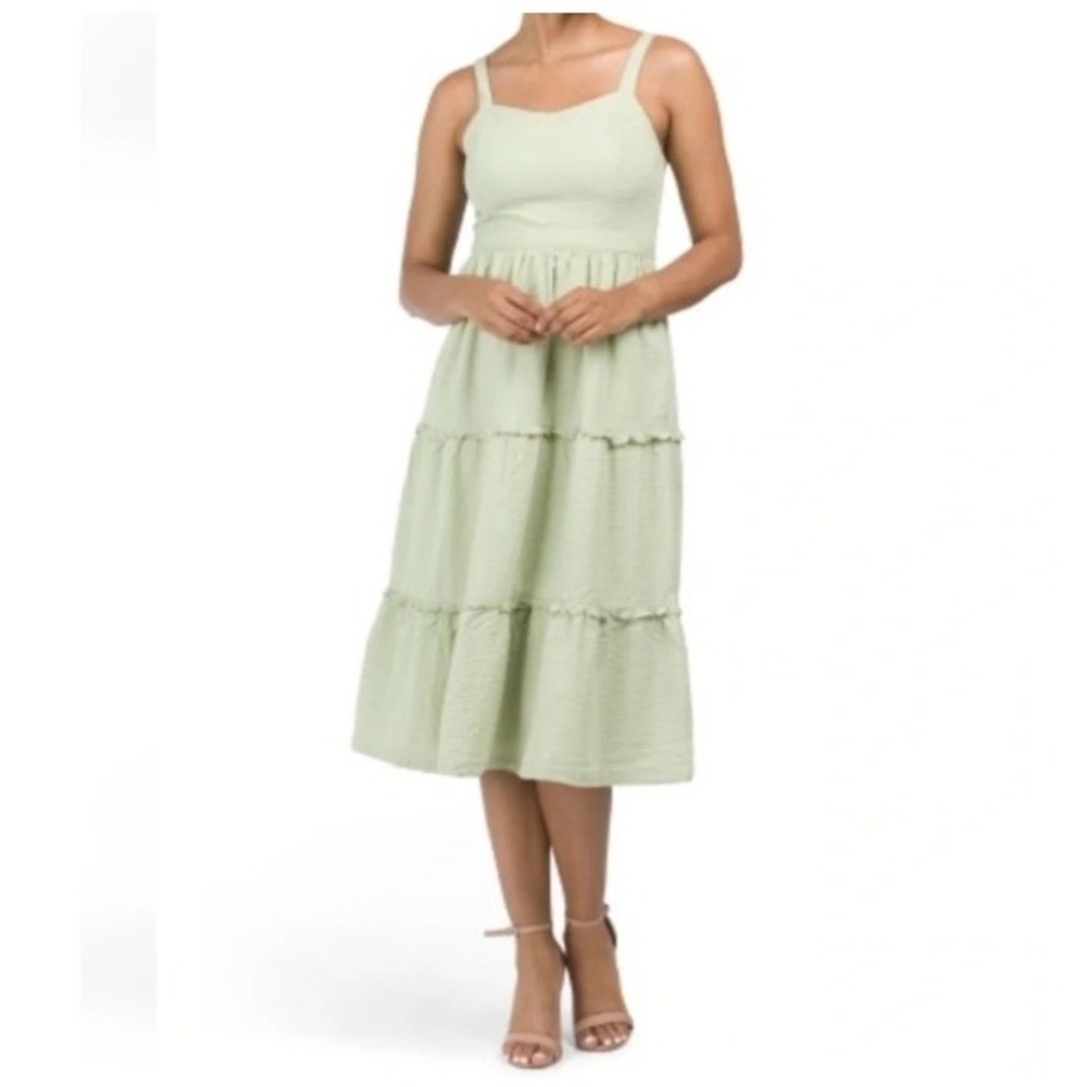 Japna Green Cotton Seersucker Tiered Midi Sundress Size L Cottagecore